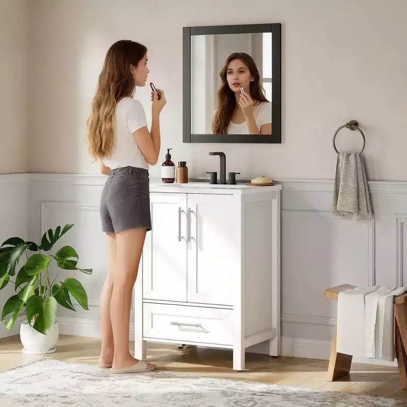 Small Bathroom Vanity with Sink Freestanding Bath Vanity Cabinet with Soft Closing Door Adjustable Storage Shelf Space Saving for Apartment