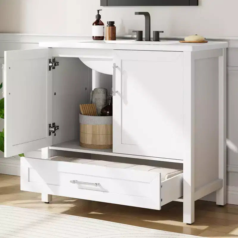 Small Bathroom Vanity with Sink Freestanding Bath Vanity Cabinet with Soft Closing Door Adjustable Storage Shelf Space Saving for Apartment
