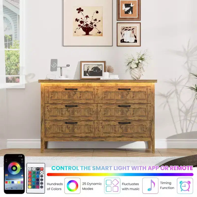 6-Drawer Dresser with Light & Charging Station, Modern Wide Chest of Drawers, Wood Storage Organizer Cabinet for Bedroom and Living Room