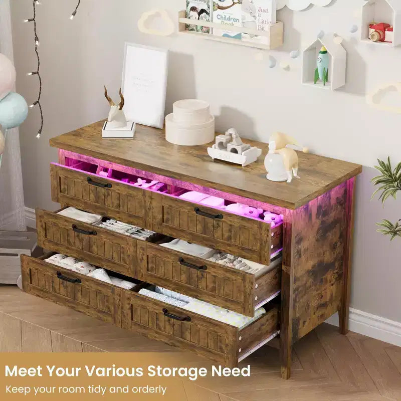 6-Drawer Dresser with Light & Charging Station, Modern Wide Chest of Drawers, Wood Storage Organizer Cabinet for Bedroom and Living Room