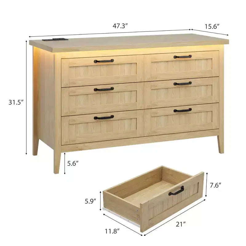 6-Drawer Dresser with Light & Charging Station, Modern Wide Chest of Drawers, Wood Storage Organizer Cabinet for Bedroom and Living Room