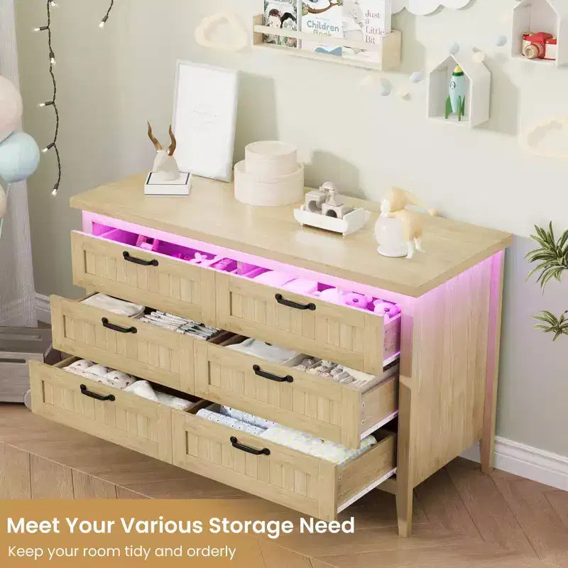 6-Drawer Dresser with Light & Charging Station, Modern Wide Chest of Drawers, Wood Storage Organizer Cabinet for Bedroom and Living Room