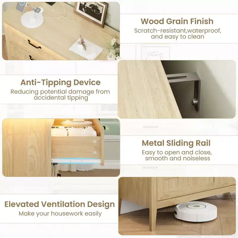 6-Drawer Dresser with Light & Charging Station, Modern Wide Chest of Drawers, Wood Storage Organizer Cabinet for Bedroom and Living Room