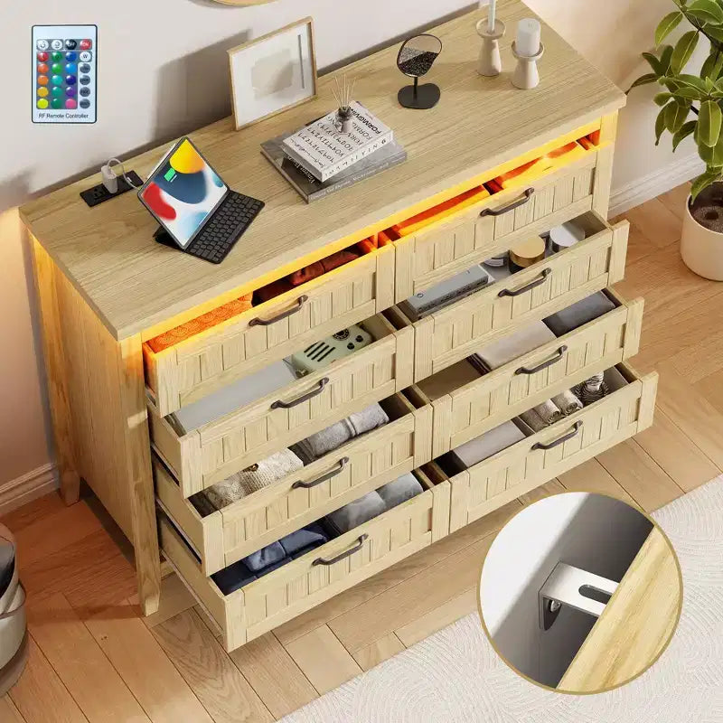 6-Drawer Dresser with Light & Charging Station, Modern Wide Chest of Drawers, Wood Storage Organizer Cabinet for Bedroom and Living Room