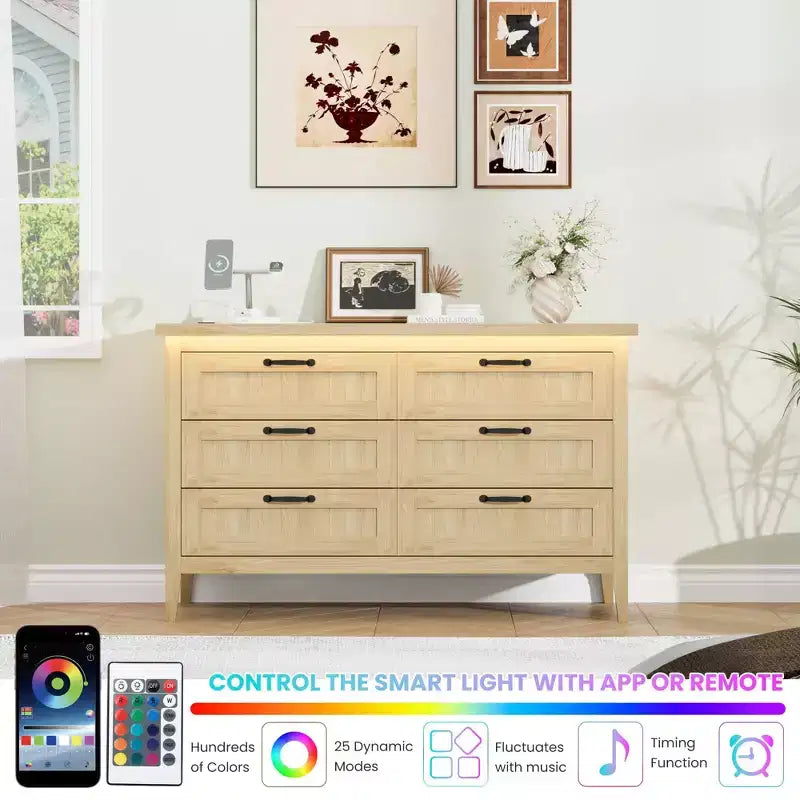6-Drawer Dresser with Light & Charging Station, Modern Wide Chest of Drawers, Wood Storage Organizer Cabinet for Bedroom and Living Room