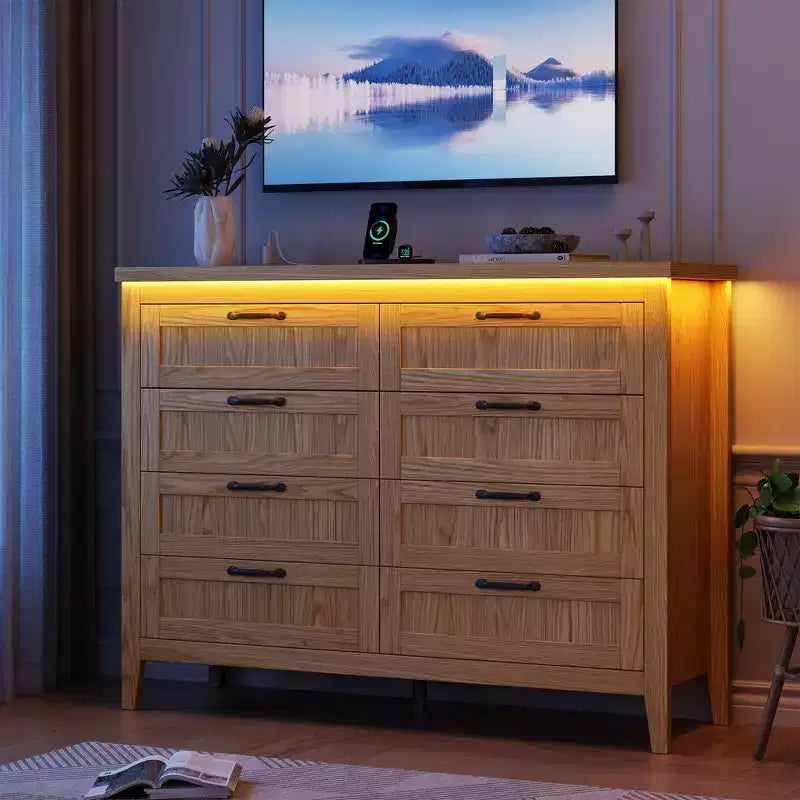 6-Drawer Dresser with Light & Charging Station, Modern Wide Chest of Drawers, Wood Storage Organizer Cabinet for Bedroom and Living Room