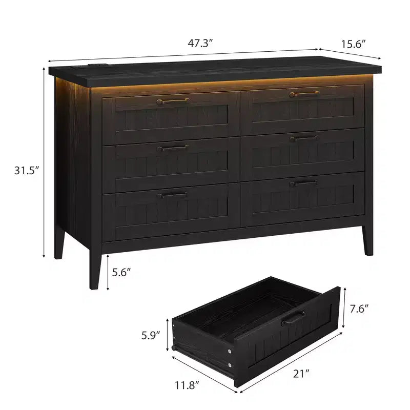 6-Drawer Dresser with Light & Charging Station, Modern Wide Chest of Drawers, Wood Storage Organizer Cabinet for Bedroom and Living Room