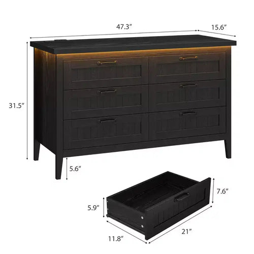 6-Drawer Dresser with Light & Charging Station, Modern Wide Chest of Drawers, Wood Storage Organizer Cabinet for Bedroom and Living Room
