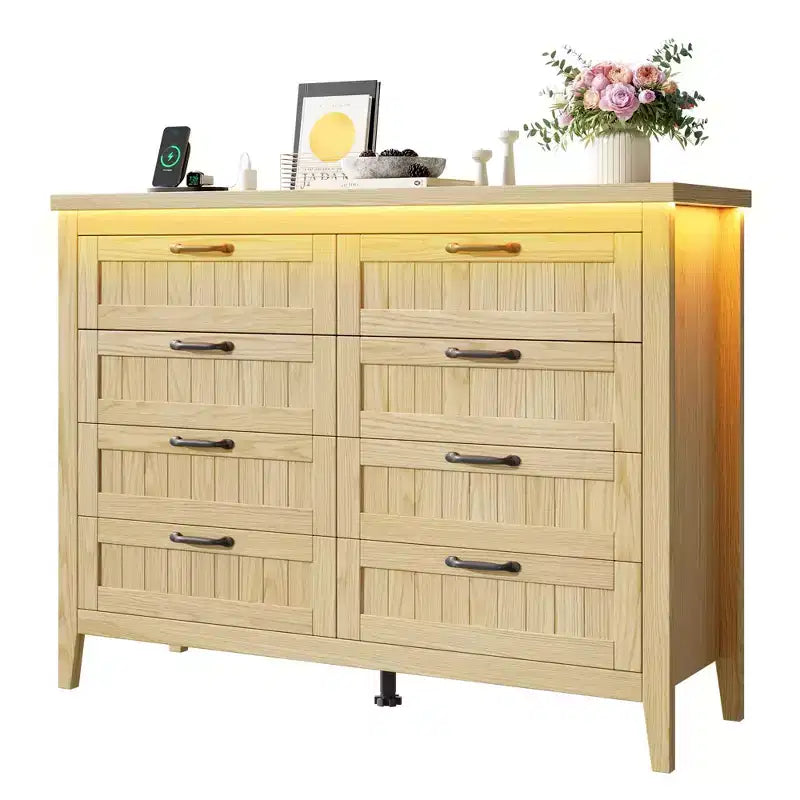 6-Drawer Dresser with Light & Charging Station, Modern Wide Chest of Drawers, Wood Storage Organizer Cabinet for Bedroom and Living Room