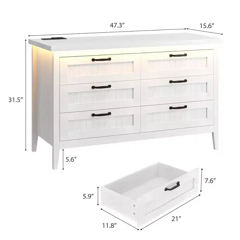 6-Drawer Dresser with Light & Charging Station, Modern Wide Chest of Drawers, Wood Storage Organizer Cabinet for Bedroom and Living Room