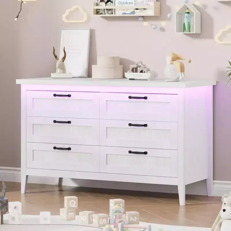 6-Drawer Dresser with Light & Charging Station, Modern Wide Chest of Drawers, Wood Storage Organizer Cabinet for Bedroom and Living Room