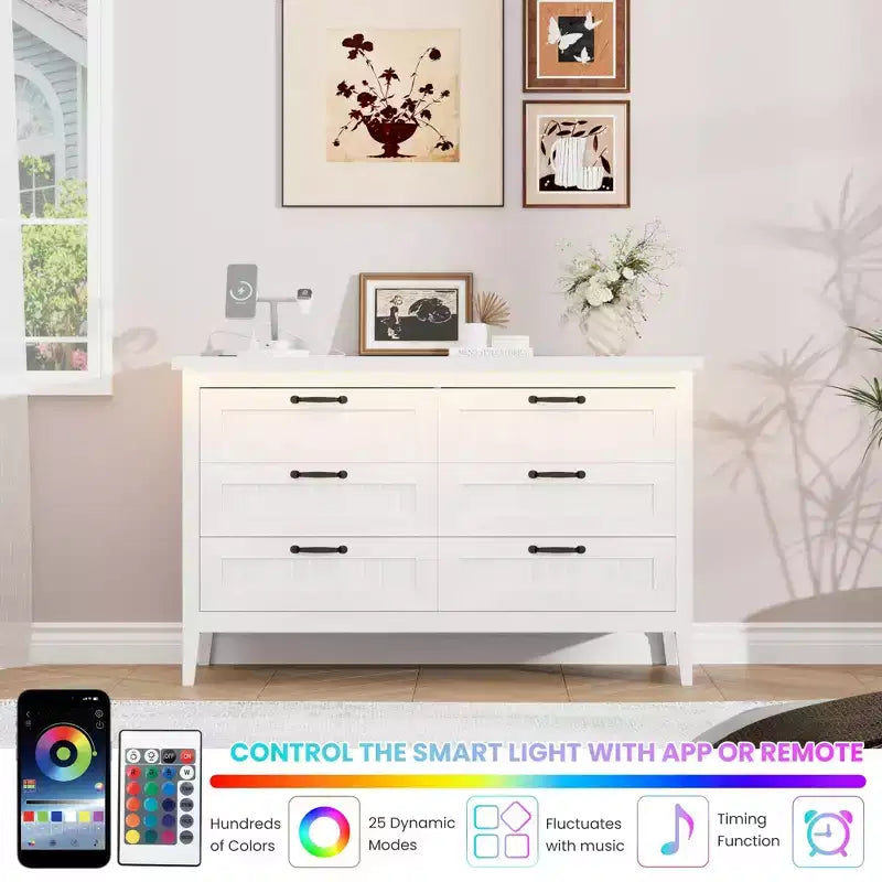 6-Drawer Dresser with Light & Charging Station, Modern Wide Chest of Drawers, Wood Storage Organizer Cabinet for Bedroom and Living Room