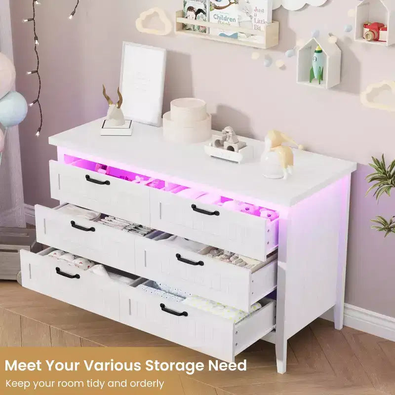 6-Drawer Dresser with Light & Charging Station, Modern Wide Chest of Drawers, Wood Storage Organizer Cabinet for Bedroom and Living Room