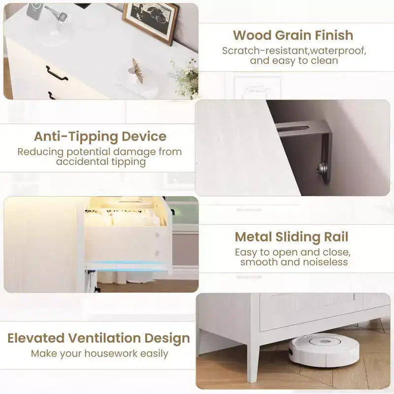 6-Drawer Dresser with Light & Charging Station, Modern Wide Chest of Drawers, Wood Storage Organizer Cabinet for Bedroom and Living Room