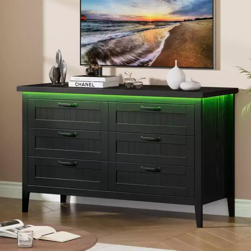 6-Drawer Dresser with Light & Charging Station, Modern Wide Chest of Drawers, Wood Storage Organizer Cabinet for Bedroom and Living Room