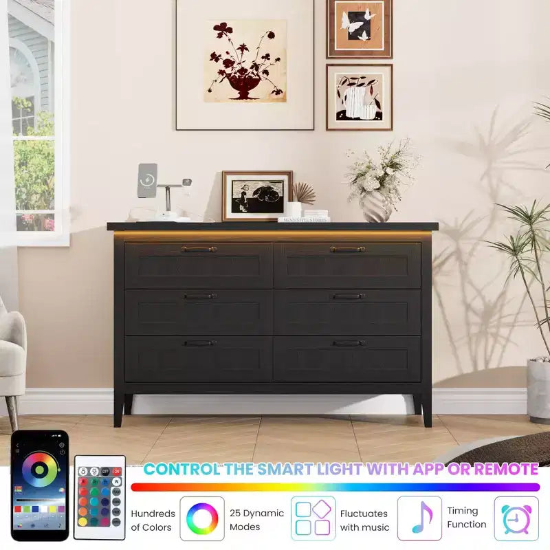 6-Drawer Dresser with Light & Charging Station, Modern Wide Chest of Drawers, Wood Storage Organizer Cabinet for Bedroom and Living Room