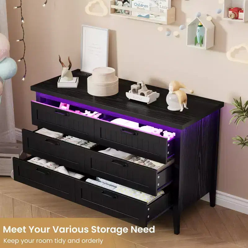 6-Drawer Dresser with Light & Charging Station, Modern Wide Chest of Drawers, Wood Storage Organizer Cabinet for Bedroom and Living Room