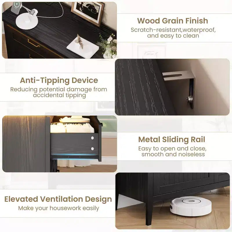 6-Drawer Dresser with Light & Charging Station, Modern Wide Chest of Drawers, Wood Storage Organizer Cabinet for Bedroom and Living Room
