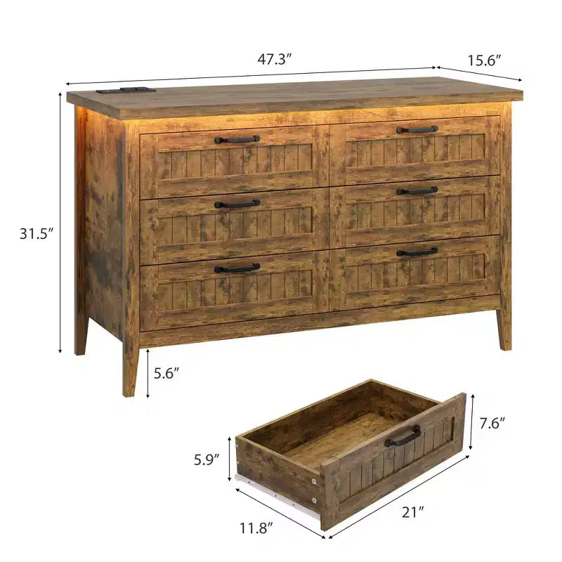 6-Drawer Dresser with Light & Charging Station, Modern Wide Chest of Drawers, Wood Storage Organizer Cabinet for Bedroom and Living Room