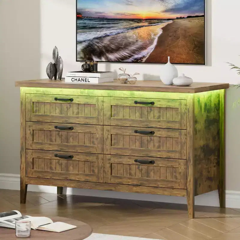 6-Drawer Dresser with Light & Charging Station, Modern Wide Chest of Drawers, Wood Storage Organizer Cabinet for Bedroom and Living Room