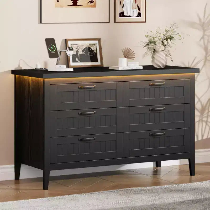 6-Drawer Dresser with Light & Charging Station, Modern Wide Chest of Drawers, Wood Storage Organizer Cabinet for Bedroom and Living Room