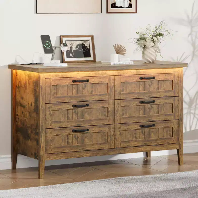 6-Drawer Dresser with Light & Charging Station, Modern Wide Chest of Drawers, Wood Storage Organizer Cabinet for Bedroom and Living Room