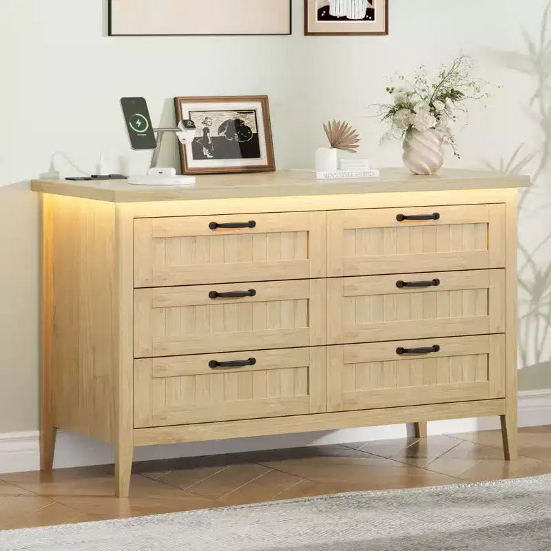 6-Drawer Dresser with Light & Charging Station, Modern Wide Chest of Drawers, Wood Storage Organizer Cabinet for Bedroom and Living Room