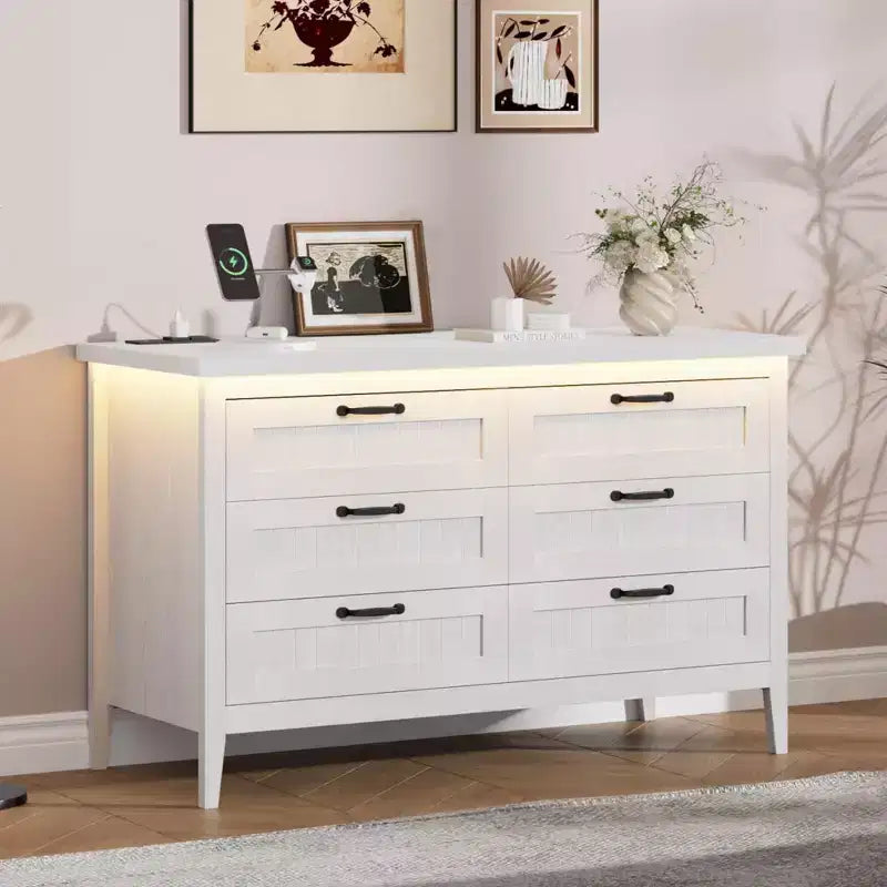 6-Drawer Dresser with Light & Charging Station, Modern Wide Chest of Drawers, Wood Storage Organizer Cabinet for Bedroom and Living Room