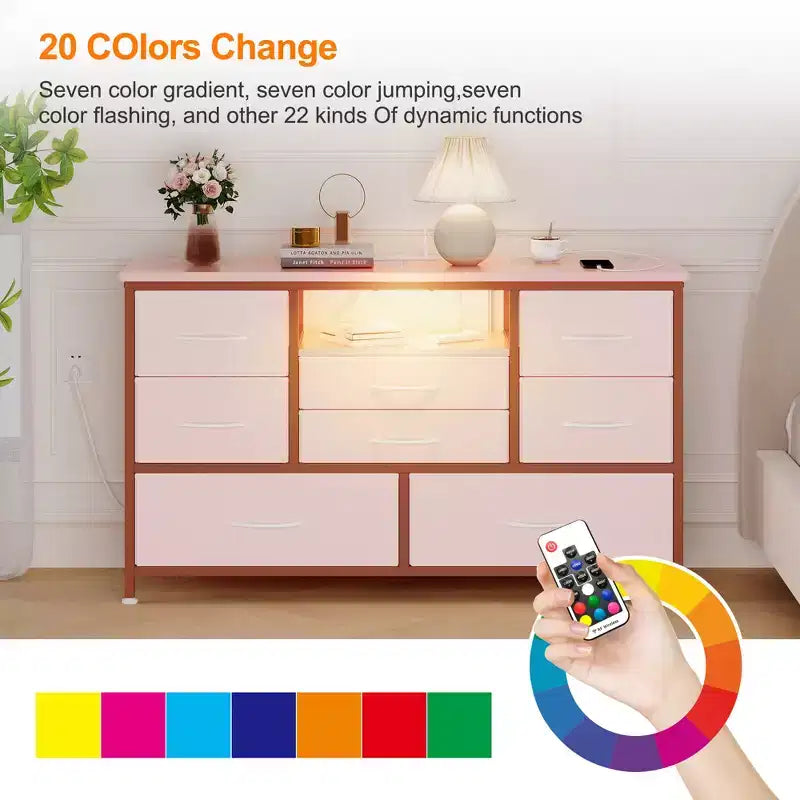 8-Drawer Dresser TV Stand with Built-in Power Outlet & 20-Color LED Lights, Wide Storage Chest for TVs Up to 50 Inches