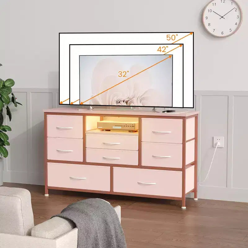 8-Drawer Dresser TV Stand with Built-in Power Outlet & 20-Color LED Lights, Wide Storage Chest for TVs Up to 50 Inches