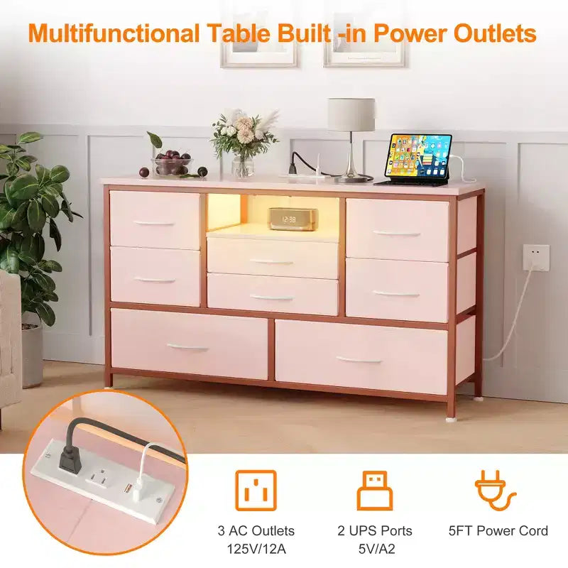 8-Drawer Dresser TV Stand with Built-in Power Outlet & 20-Color LED Lights, Wide Storage Chest for TVs Up to 50 Inches
