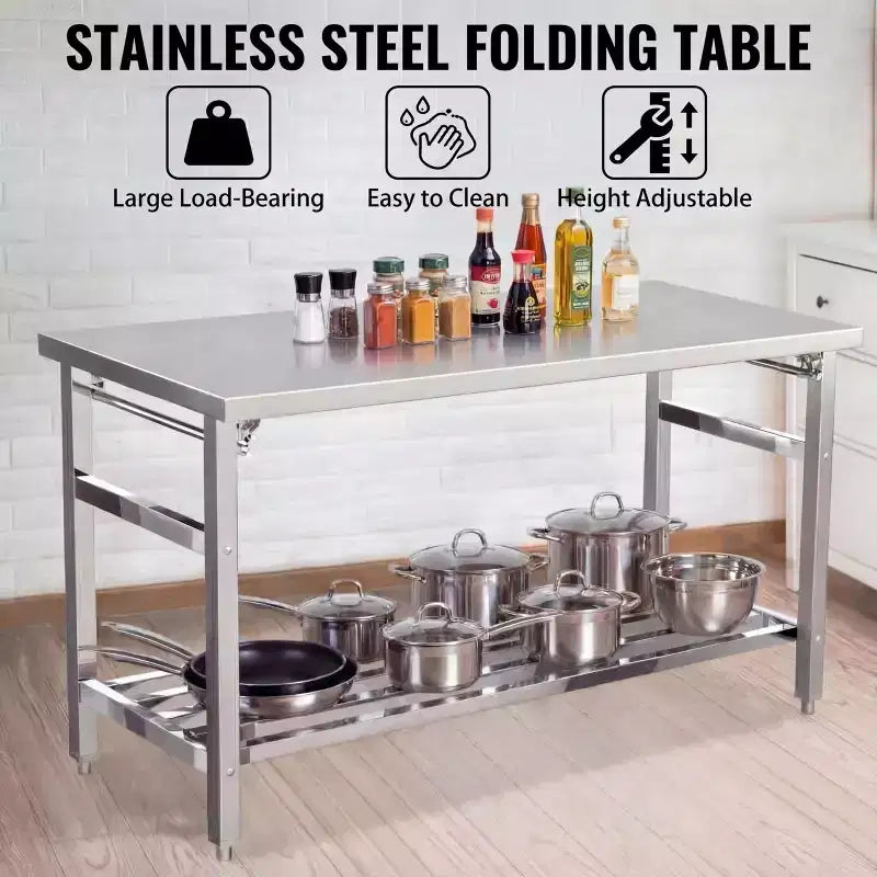 Stainless Steel Folding Prep Table, Heavy Duty Commercial Work Table with Adjustable Undershelf for Restaurant, Kitchen, Food Service, Space-Saving