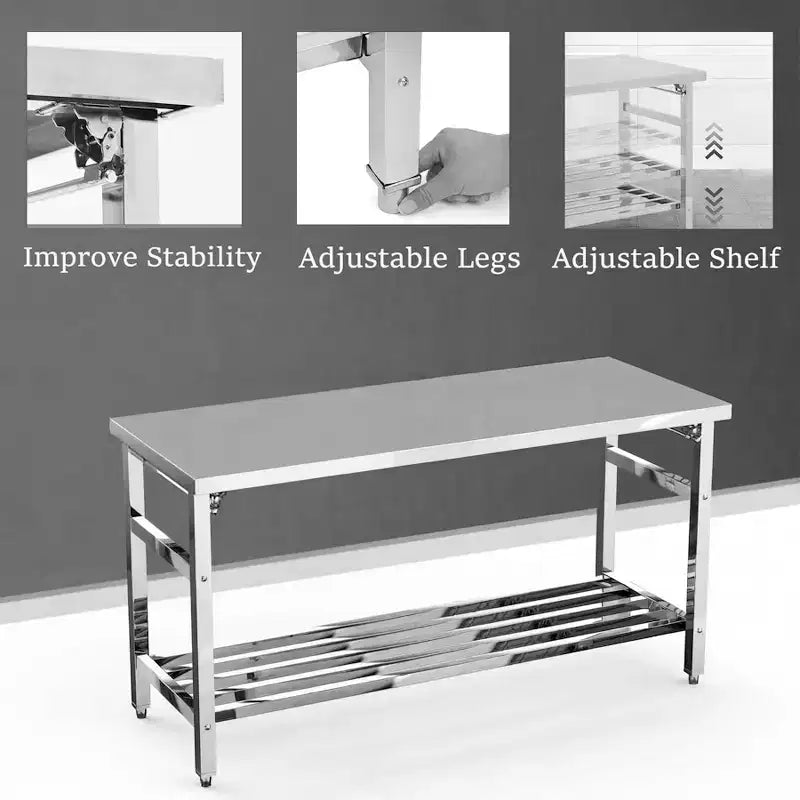 Stainless Steel Folding Prep Table, Heavy Duty Commercial Work Table with Adjustable Undershelf for Restaurant, Kitchen, Food Service, Space-Saving