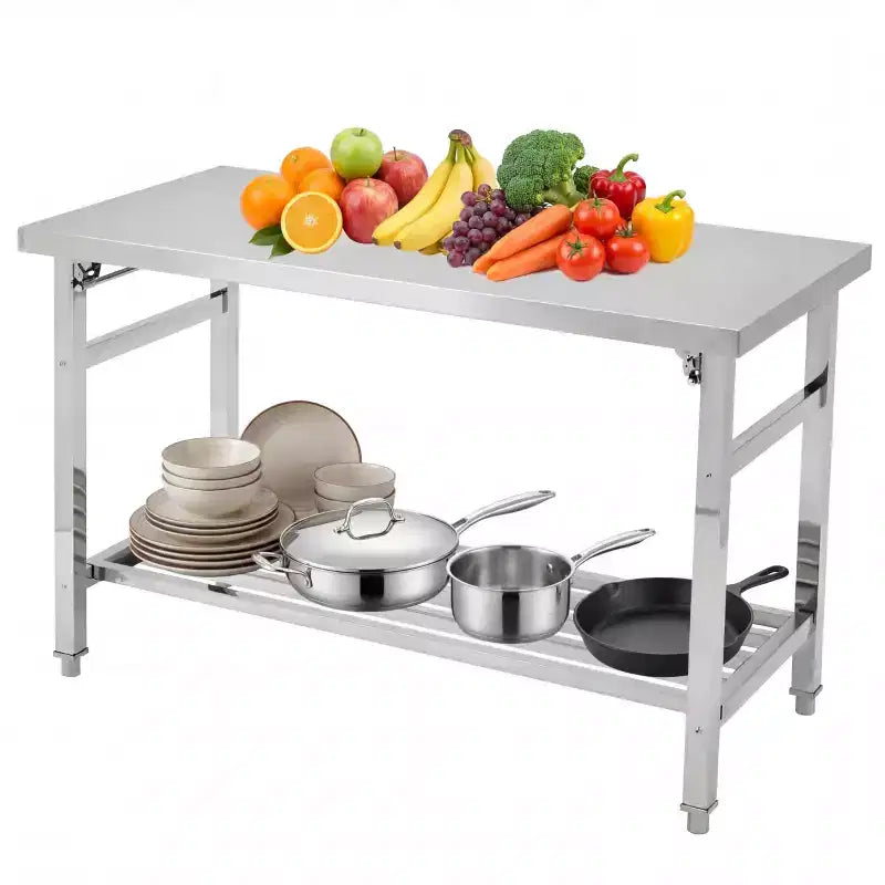 Stainless Steel Folding Prep Table, Heavy Duty Commercial Work Table with Adjustable Undershelf for Restaurant, Kitchen, Food Service, Space-Saving