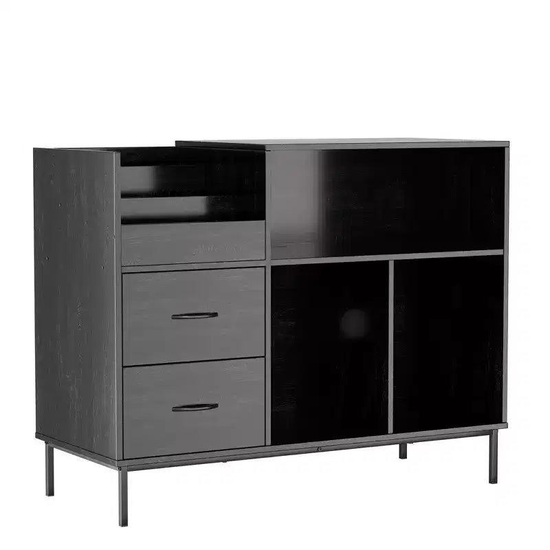 Flip-Top Record Player Stand with Storage, Turntable Shelf & Drawers Sturdy Wood & Metal Audio Media Console