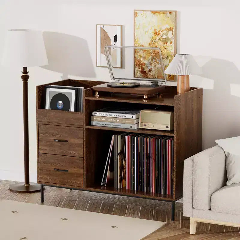Flip-Top Record Player Stand with Storage, Turntable Shelf & Drawers Sturdy Wood & Metal Audio Media Console