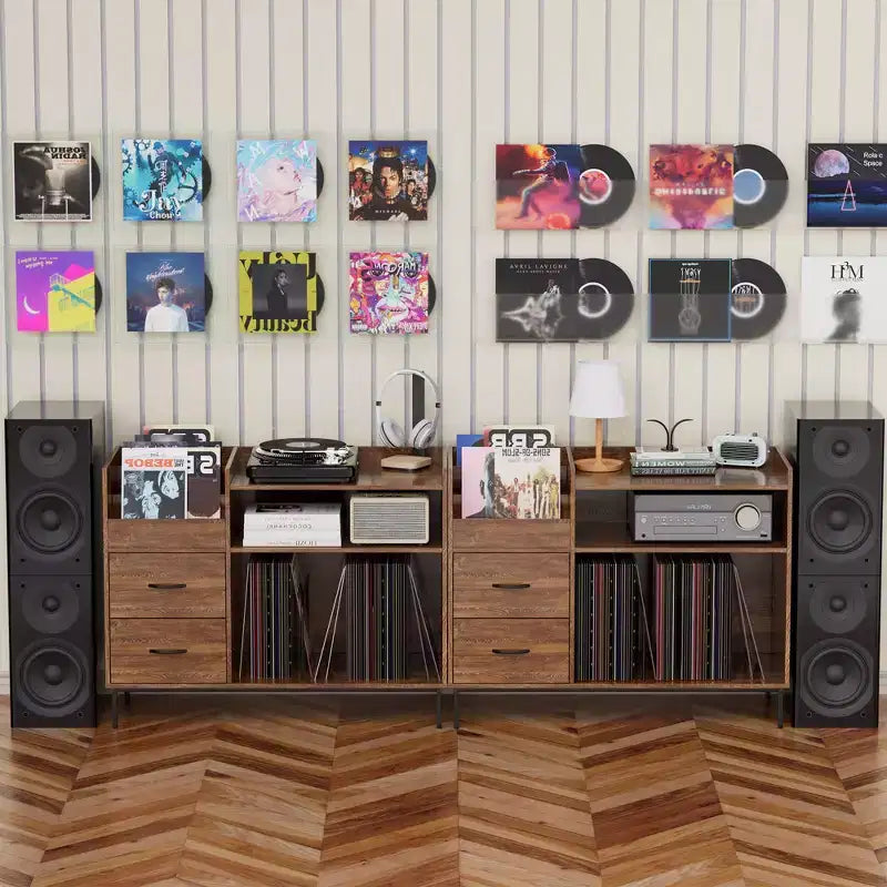 Flip-Top Record Player Stand with Storage, Turntable Shelf & Drawers Sturdy Wood & Metal Audio Media Console