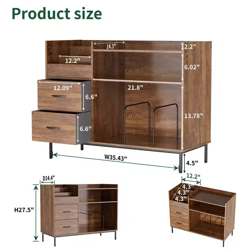 Flip-Top Record Player Stand with Storage, Turntable Shelf & Drawers Sturdy Wood & Metal Audio Media Console