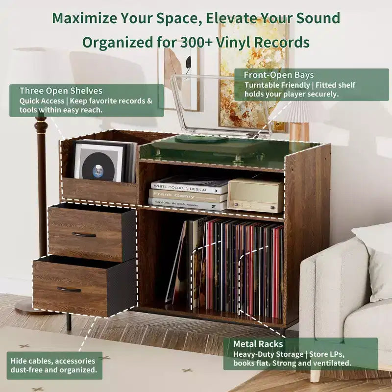 Flip-Top Record Player Stand with Storage, Turntable Shelf & Drawers Sturdy Wood & Metal Audio Media Console