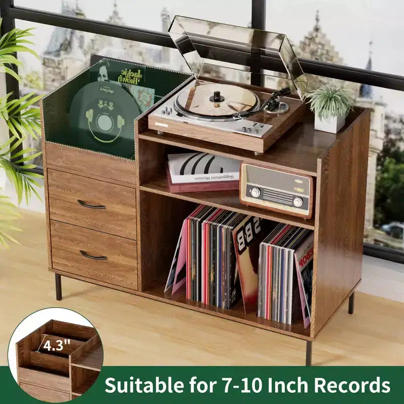 Flip-Top Record Player Stand with Storage, Turntable Shelf & Drawers Sturdy Wood & Metal Audio Media Console