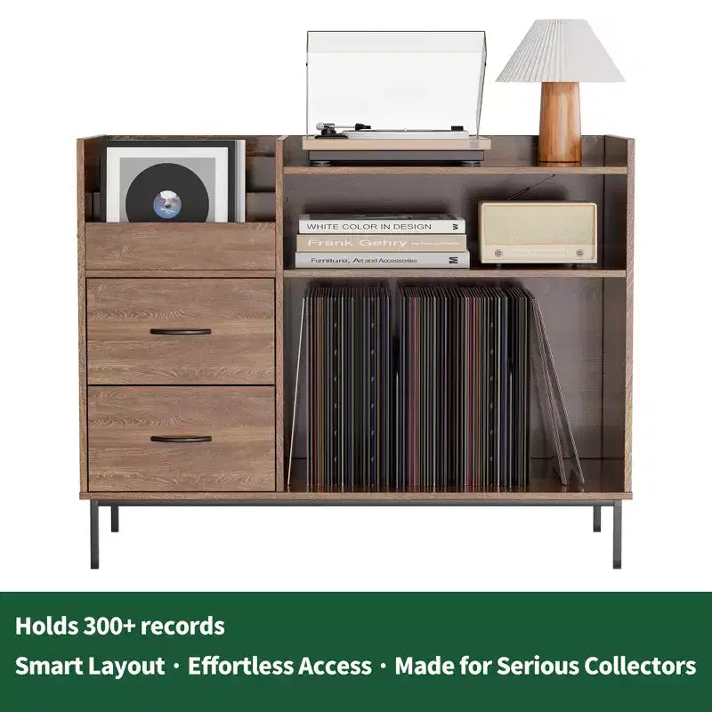 Flip-Top Record Player Stand with Storage, Turntable Shelf & Drawers Sturdy Wood & Metal Audio Media Console