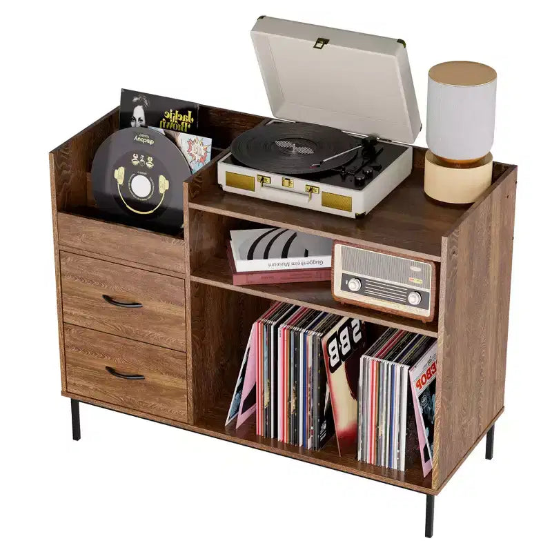 Flip-Top Record Player Stand with Storage, Turntable Shelf & Drawers Sturdy Wood & Metal Audio Media Console