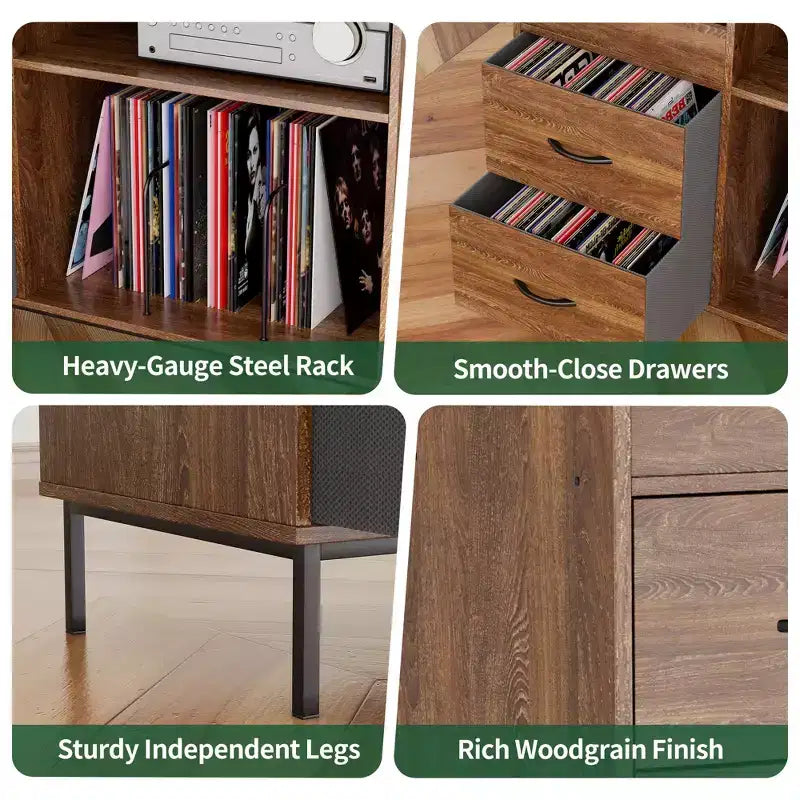 Flip-Top Record Player Stand with Storage, Turntable Shelf & Drawers Sturdy Wood & Metal Audio Media Console