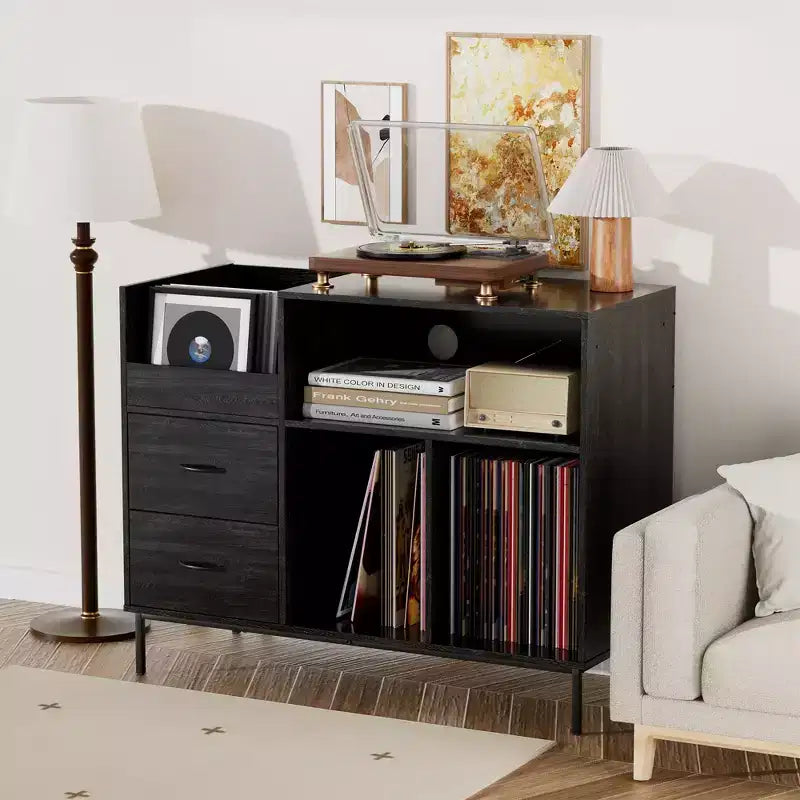 Flip-Top Record Player Stand with Storage, Turntable Shelf & Drawers Sturdy Wood & Metal Audio Media Console