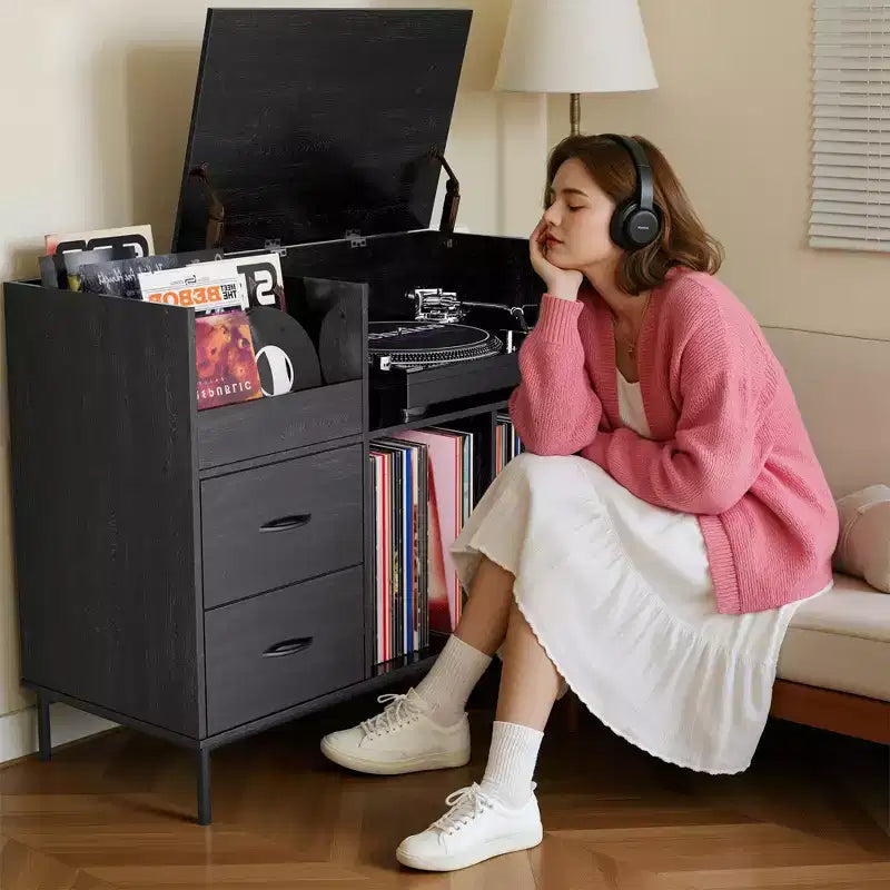 Flip-Top Record Player Stand with Storage, Turntable Shelf & Drawers Sturdy Wood & Metal Audio Media Console