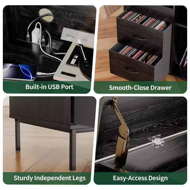 Flip-Top Record Player Stand with Storage, Turntable Shelf & Drawers Sturdy Wood & Metal Audio Media Console