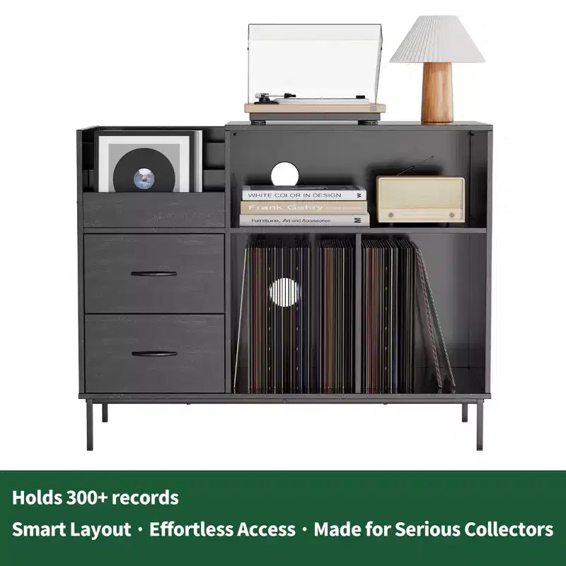 Flip-Top Record Player Stand with Storage, Turntable Shelf & Drawers Sturdy Wood & Metal Audio Media Console
