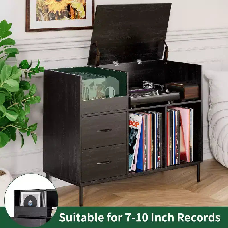 Flip-Top Record Player Stand with Storage, Turntable Shelf & Drawers Sturdy Wood & Metal Audio Media Console