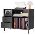 Flip-Top Record Player Stand with Storage, Turntable Shelf & Drawers Sturdy Wood & Metal Audio Media Console