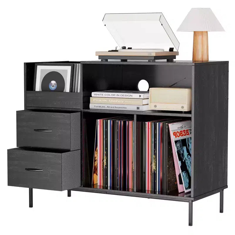 Flip-Top Record Player Stand with Storage, Turntable Shelf & Drawers Sturdy Wood & Metal Audio Media Console